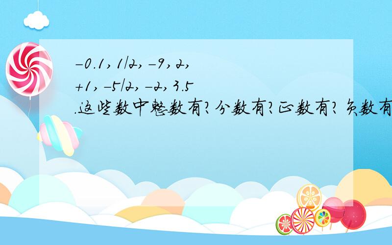 -0.1,1/2,-9,2,+1,-5/2,-2,3.5.这些数中整数有?分数有?正数有?负数有?