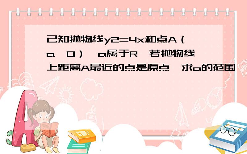 已知抛物线y2=4x和点A（a,0）,a属于R,若抛物线上距离A最近的点是原点,求a的范围