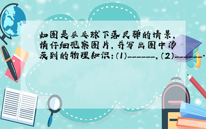 如图是乒乓球下落反弹的情景，请仔细观察图片，并写出图中涉及到的物理知识：（1）______，（2）______．