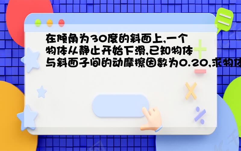 在倾角为30度的斜面上,一个物体从静止开始下滑,已知物体与斜面子间的动摩擦因数为0.20,求物体下滑速度