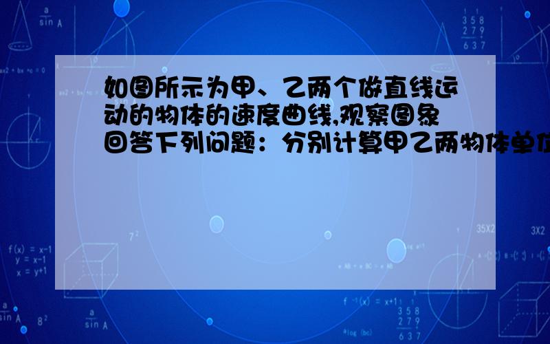 如图所示为甲、乙两个做直线运动的物体的速度曲线,观察图象回答下列问题：分别计算甲乙两物体单位时间