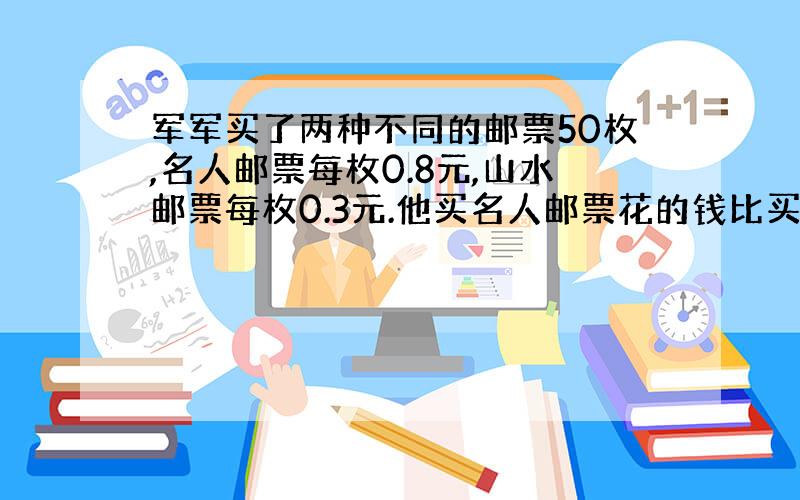 军军买了两种不同的邮票50枚,名人邮票每枚0.8元,山水邮票每枚0.3元.他买名人邮票花的钱比买山水邮票多用