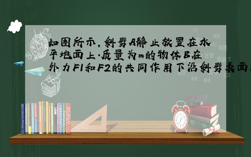 如图所示，斜劈A静止放置在水平地面上.质量为m的物体B在外力F1和F2的共同作用下沿斜劈表面向下运动.当F1方向水平向右