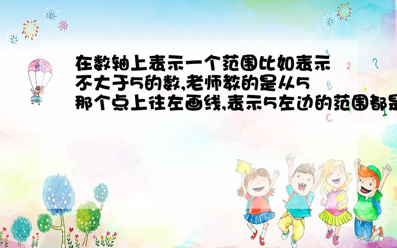 在数轴上表示一个范围比如表示不大于5的数,老师教的是从5那个点上往左画线,表示5左边的范围都是不大于5的,那5也是不大于