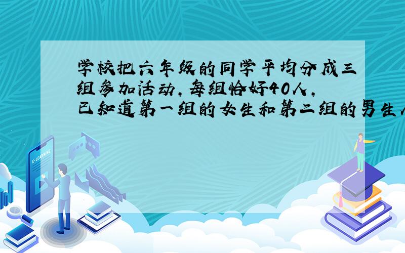 学校把六年级的同学平均分成三组参加活动,每组恰好40人,已知道第一组的女生和第二组的男生人数同样多,第三