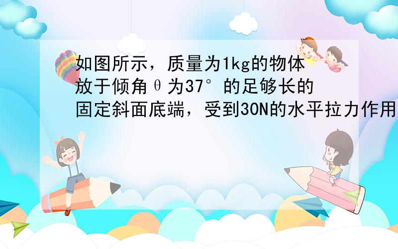 如图所示，质量为1kg的物体放于倾角θ为37°的足够长的固定斜面底端，受到30N的水平拉力作用而由静止开始向上运动，物体