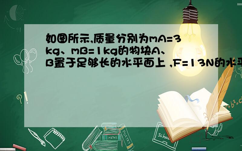 如图所示,质量分别为mA=3kg、mB=1kg的物块A、B置于足够长的水平面上 ,F=13N的水平推力作用下,一起由静止