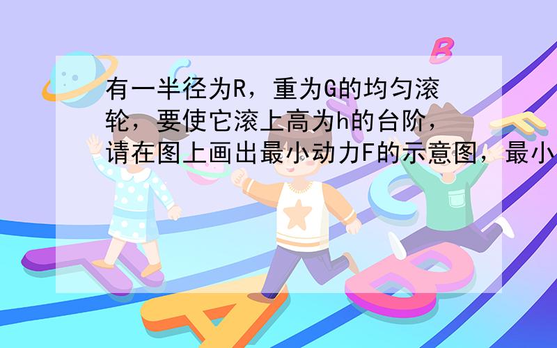 有一半径为R，重为G的均匀滚轮，要使它滚上高为h的台阶，请在图上画出最小动力F的示意图，最小动力F的大小为多少？