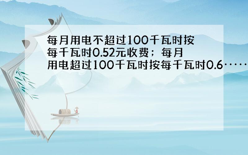 每月用电不超过100千瓦时按每千瓦时0.52元收费；每月用电超过100千瓦时按每千瓦时0.6·····看↓（下）