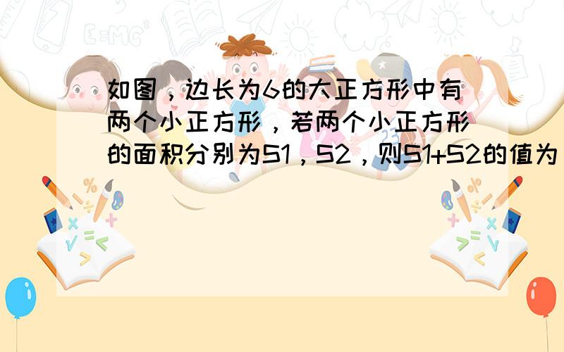 如图，边长为6的大正方形中有两个小正方形，若两个小正方形的面积分别为S1，S2，则S1+S2的值为______．