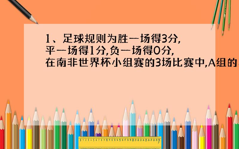 1、足球规则为胜一场得3分,平一场得1分,负一场得0分,在南非世界杯小组赛的3场比赛中,A组的乌拉圭队以不败战绩积7分从