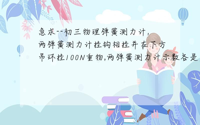 急求--初三物理弹簧测力计：两弹簧测力计挂钩相挂并在下方吊环挂100N重物,两弹簧测力计示数各是多少?