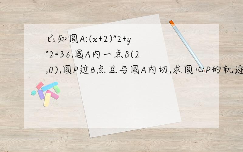 已知圆A:(x+2)^2+y^2=36,圆A内一点B(2,0),圆P过B点且与圆A内切,求圆心P的轨迹方程 .求这个题的