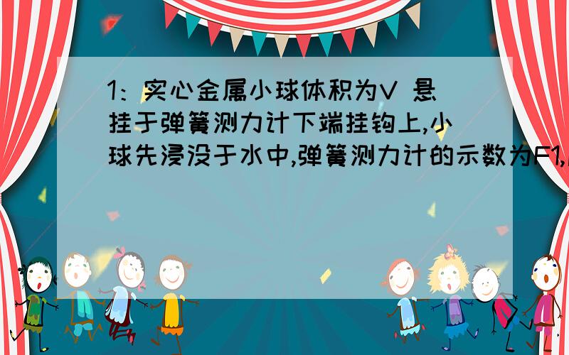 1：实心金属小球体积为V 悬挂于弹簧测力计下端挂钩上,小球先浸没于水中,弹簧测力计的示数为F1,后又浸没于酒精中,示数为