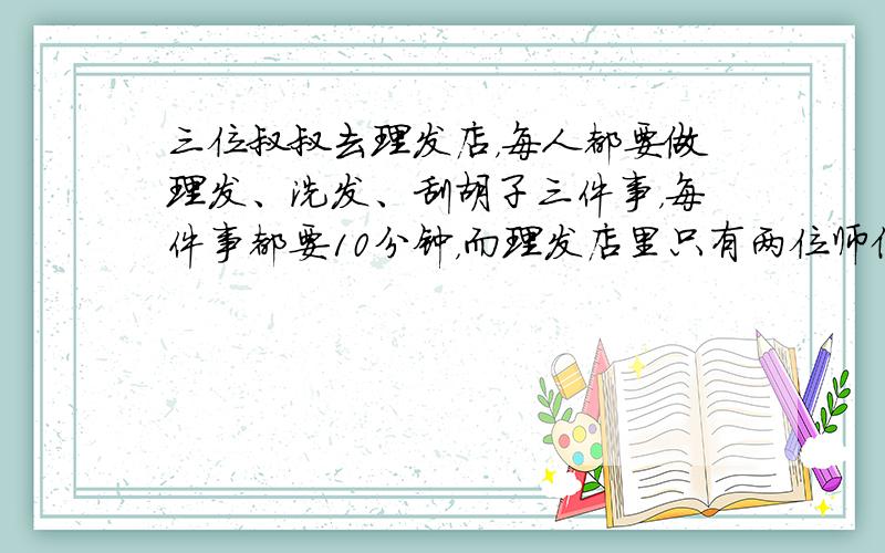 三位叔叔去理发店，每人都要做理发、洗发、刮胡子三件事，每件事都要10分钟，而理发店里只有两位师傅，他们最短多长时间能做完