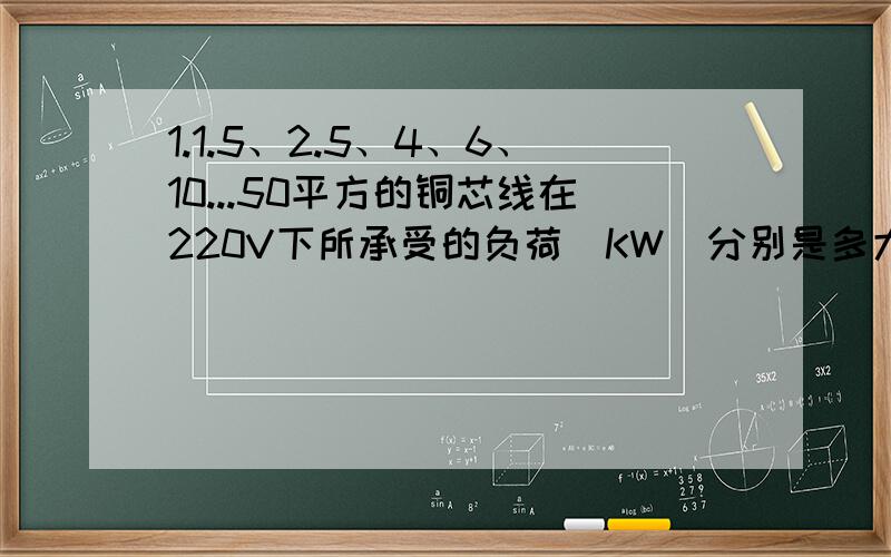 1.1.5、2.5、4、6、10...50平方的铜芯线在220V下所承受的负荷（KW）分别是多大?2.是怎么换算出来的?