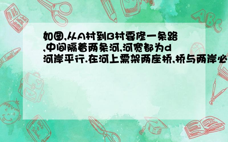 如图,从A村到B村要修一条路,中间隔着两条河,河宽都为d河岸平行.在河上需架两座桥,桥与两岸必须垂直.请画出这条路.&n