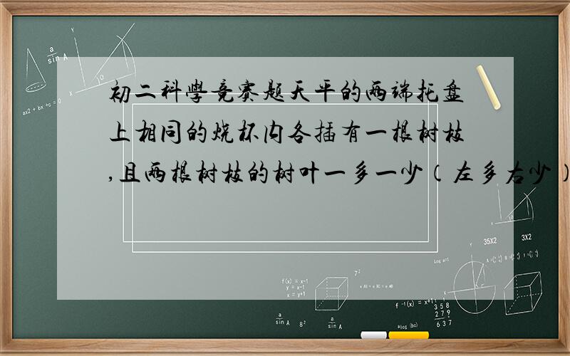 初二科学竞赛题天平的两端托盘上相同的烧杯内各插有一根树枝,且两根树枝的树叶一多一少（左多右少）,开始时天平两边平衡.现将