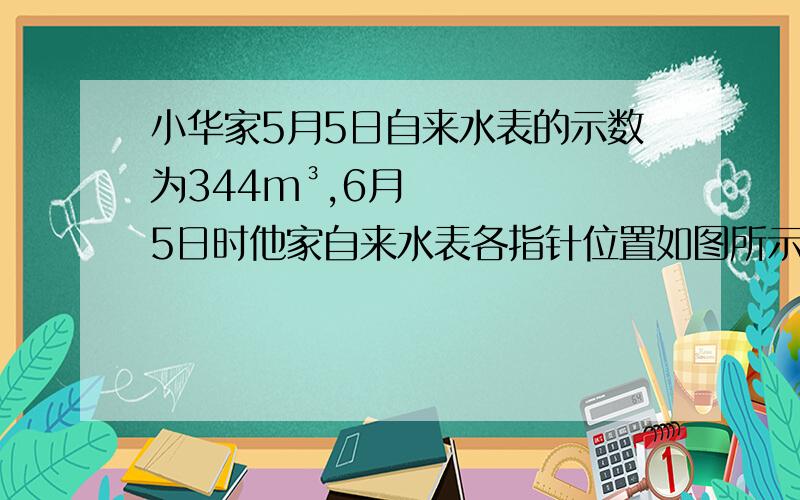 小华家5月5日自来水表的示数为344m³,6月5日时他家自来水表各指针位置如图所示,这是水表的示数是 m