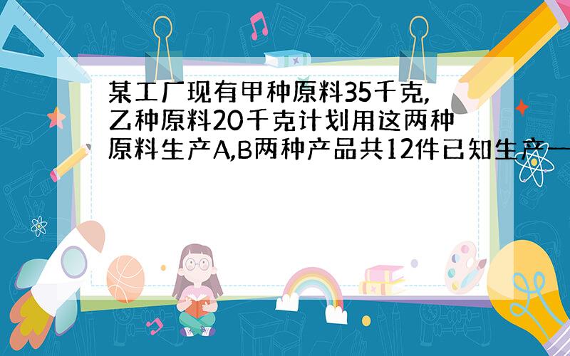 某工厂现有甲种原料35千克,乙种原料20千克计划用这两种原料生产A,B两种产品共12件已知生产一件A种产品需要