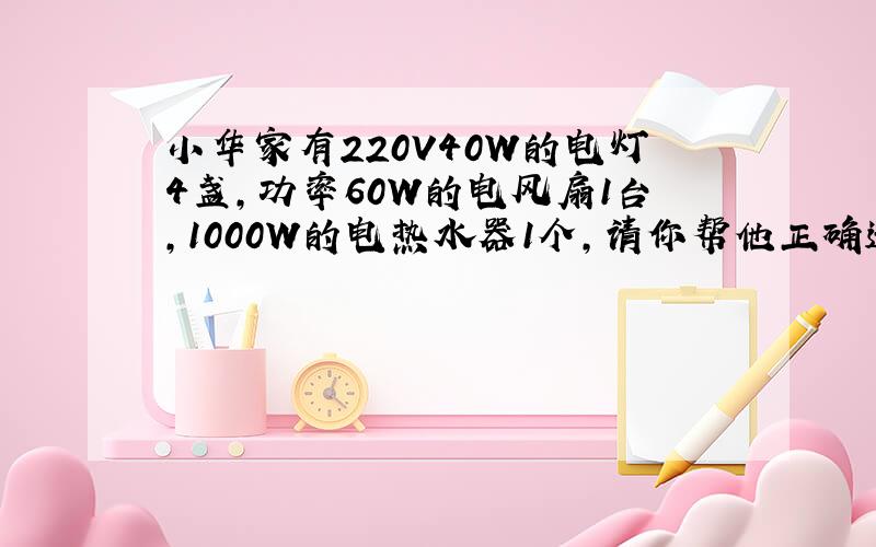 小华家有220V40W的电灯4盏,功率60W的电风扇1台,1000W的电热水器1个,请你帮他正确选择一种规格的保险丝