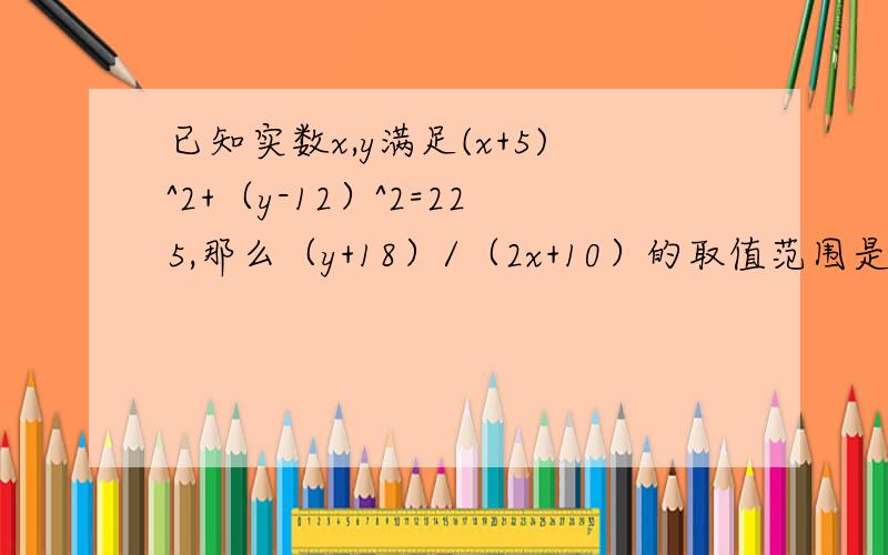 已知实数x,y满足(x+5)^2+（y-12）^2=225,那么（y+18）/（2x+10）的取值范围是多少?