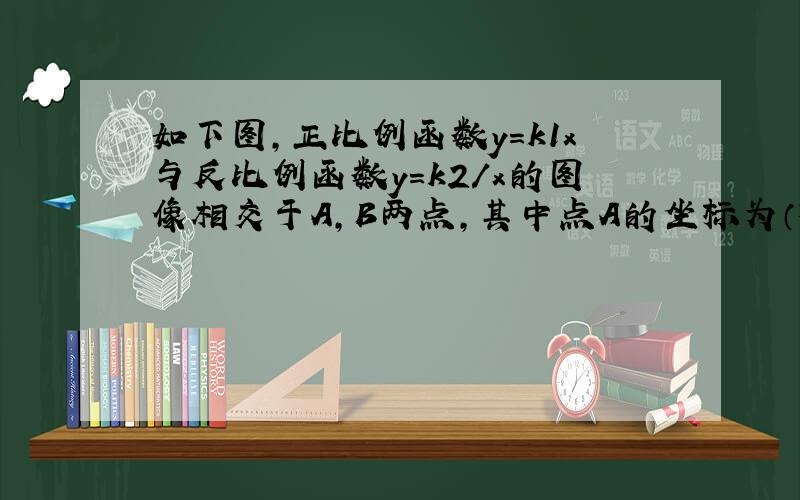 如下图,正比例函数y=k1x与反比例函数y=k2/x的图像相交于A,B两点,其中点A的坐标为（根号3,2倍根号3）