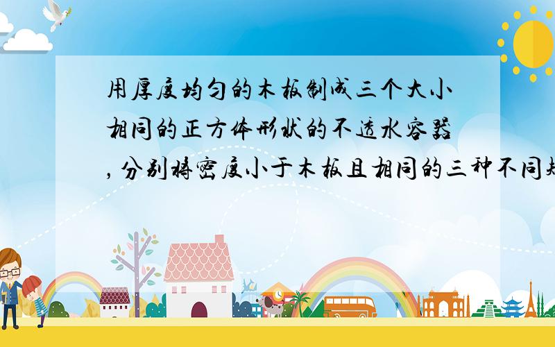 用厚度均匀的木板制成三个大小相同的正方体形状的不透水容器，分别将密度小于木板且相同的三种不同规格的塑料球整齐地装满木箱，