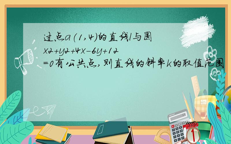 过点a(1,4)的直线l与圆x2+y2+4x-6y+12=0有公共点,则直线的斜率k的取值范围