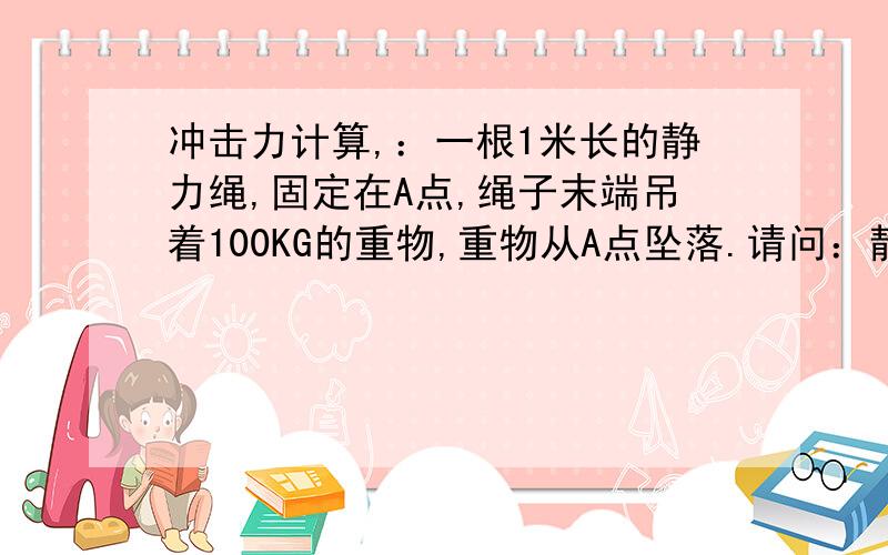 冲击力计算,：一根1米长的静力绳,固定在A点,绳子末端吊着100KG的重物,重物从A点坠落.请问：静力绳此时受到的最大冲