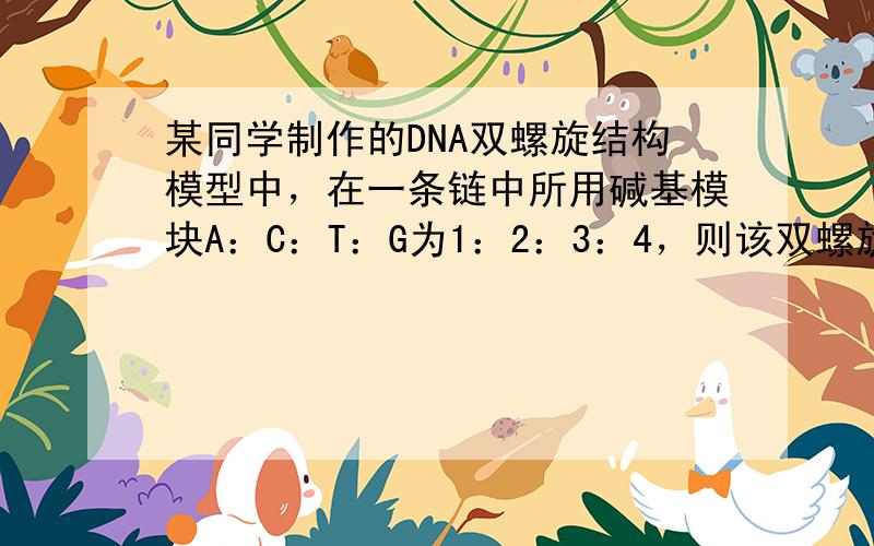 某同学制作的DNA双螺旋结构模型中，在一条链中所用碱基模块A：C：T：G为1：2：3：4，则该双螺旋模型中上述碱基模块的