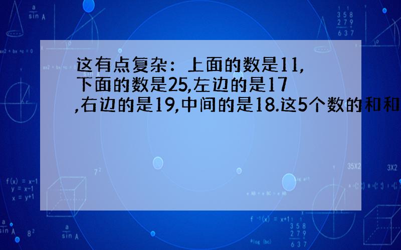 这有点复杂：上面的数是11,下面的数是25,左边的是17,右边的是19,中间的是18.这5个数的和和中间的那个