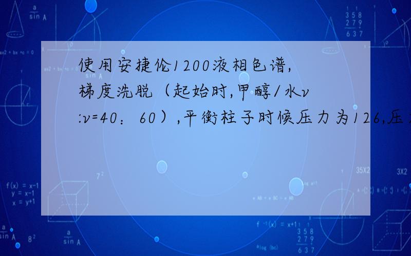 使用安捷伦1200液相色谱,梯度洗脱（起始时,甲醇/水v:v=40：60）,平衡柱子时候压力为126,压力突然将为80,