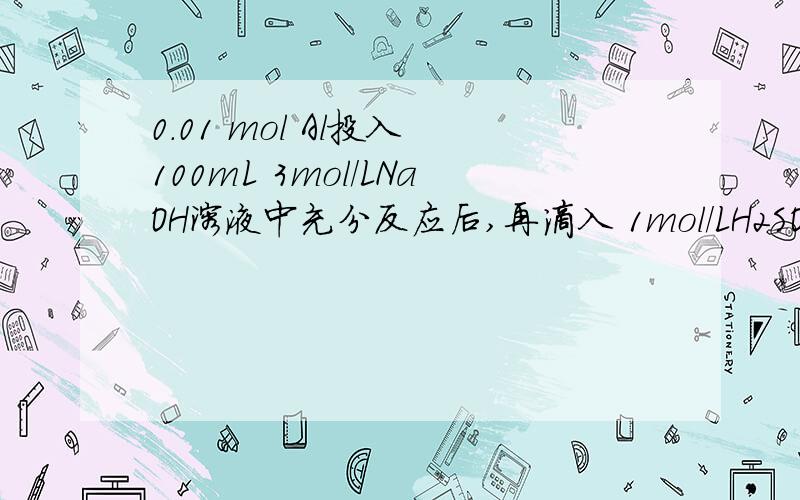 0.01 mol Al投入 100mL 3mol/LNaOH溶液中充分反应后,再滴入 1mol/LH2SO4 120ml