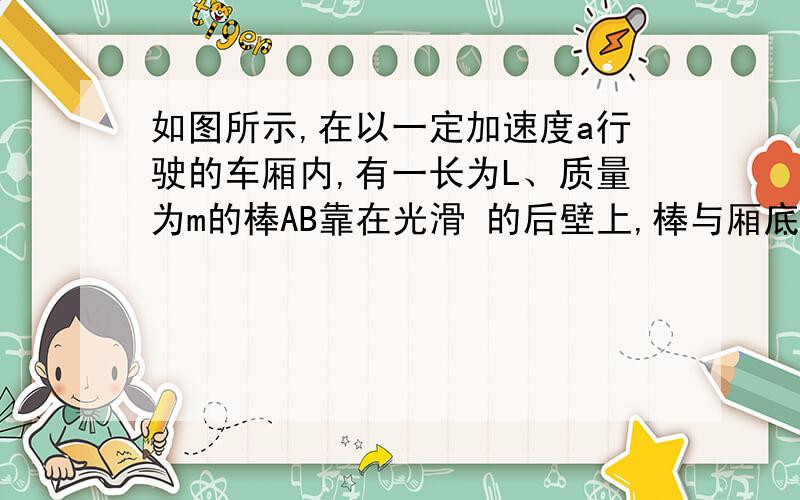 如图所示,在以一定加速度a行驶的车厢内,有一长为L、质量为m的棒AB靠在光滑 的后壁上,棒与厢底面之间的