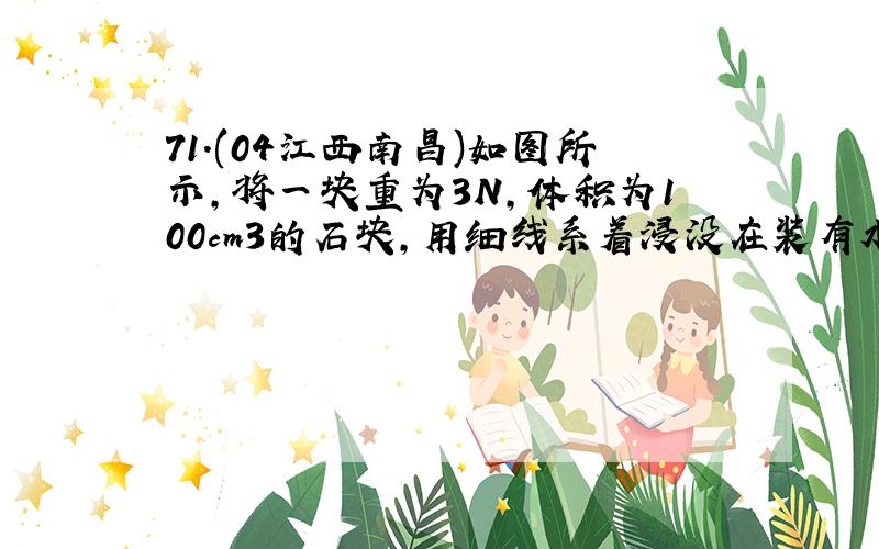 71．(04江西南昌)如图所示,将一块重为3N,体积为100cm3的石块,用细线系着浸没在装有水的圆柱形容器中,