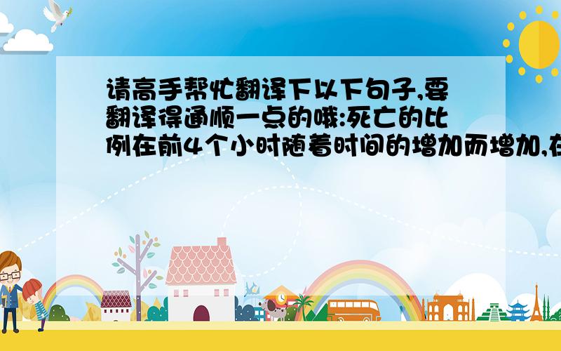 请高手帮忙翻译下以下句子,要翻译得通顺一点的哦:死亡的比例在前4个小时随着时间的增加而增加,在4或6个小时的时候达到最大