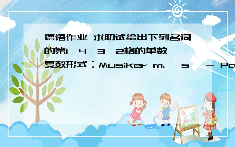 德语作业 求助试给出下列名词的第1、4、3、2格的单数、复数形式：Musiker m. –s, - Partei f.