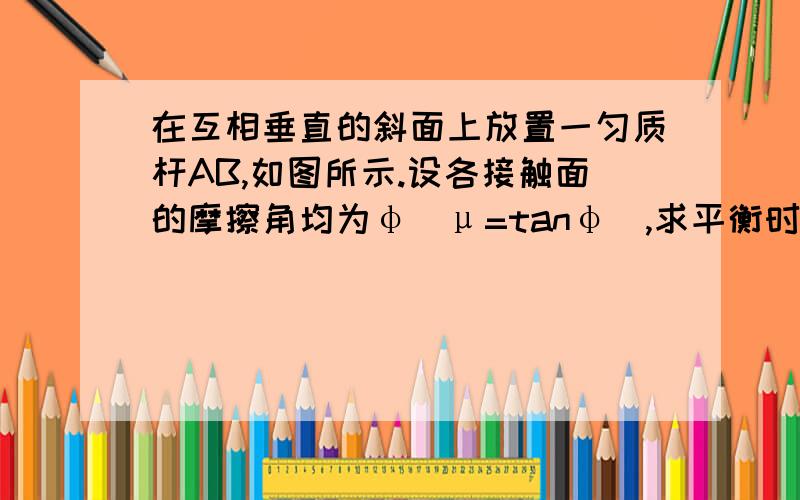 在互相垂直的斜面上放置一匀质杆AB,如图所示.设各接触面的摩擦角均为φ（μ=tanφ）,求平衡时杆AB与斜面AO的交角