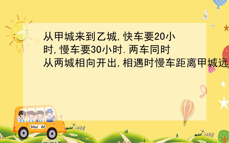 从甲城来到乙城,快车要20小时,慢车要30小时.两车同时从两城相向开出,相遇时慢车距离甲城远有1080KM.甲乙两城相距