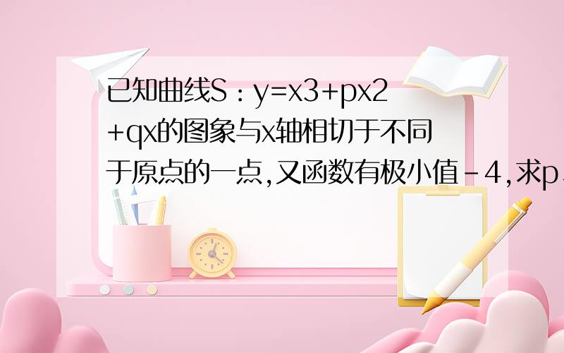 已知曲线S：y=x3+px2+qx的图象与x轴相切于不同于原点的一点,又函数有极小值－4,求p、q的值.