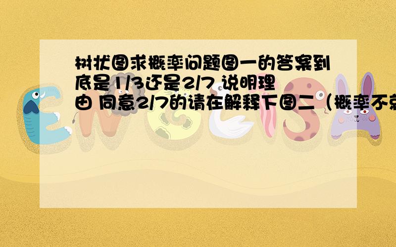 树状图求概率问题图一的答案到底是1/3还是2/7 说明理由 同意2/7的请在解释下图二（概率不就无限接近于0?）