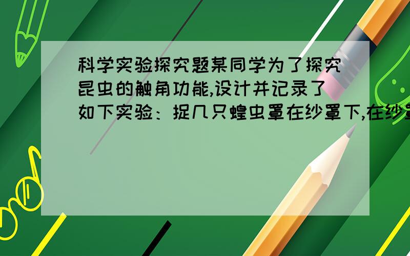 科学实验探究题某同学为了探究昆虫的触角功能,设计并记录了如下实验：捉几只蝗虫罩在纱罩下,在纱罩下面分别放一堆糖和一小堆木