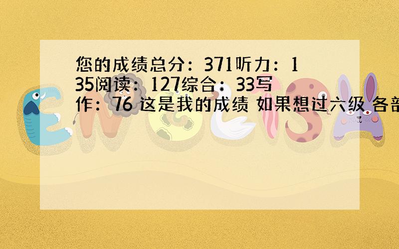 您的成绩总分：371听力：135阅读：127综合：33写作：76 这是我的成绩 如果想过六级 各部分理想成绩是多少 我的