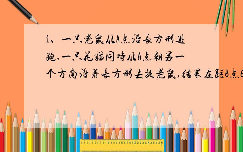 1、一只老鼠从A点沿长方形逃跑,一只花猫同时从A点朝另一个方向沿着长方形去捉老鼠,结果在距B点6米的C点处抓住了老鼠.已