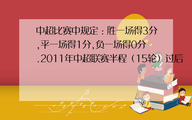 中超比赛中规定：胜一场得3分,平一场得1分,负一场得0分.2011年中超联赛半程（15轮）过后