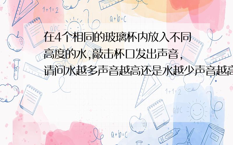 在4个相同的玻璃杯内放入不同高度的水,敲击杯口发出声音,请问水越多声音越高还是水越少声音越高