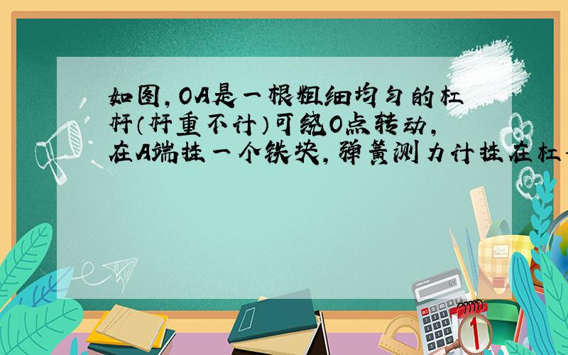 如图,OA是一根粗细均匀的杠杆（杆重不计）可绕O点转动,在A端挂一个铁块,弹簧测力计挂在杠杆中心B处,当杠杆在水平为静止