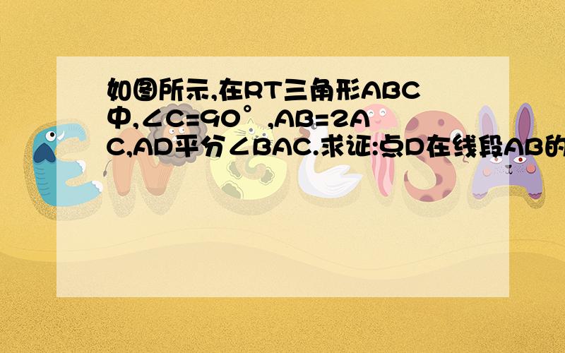 如图所示,在RT三角形ABC中,∠C=90°,AB=2AC,AD平分∠BAC.求证:点D在线段AB的垂直平分线上