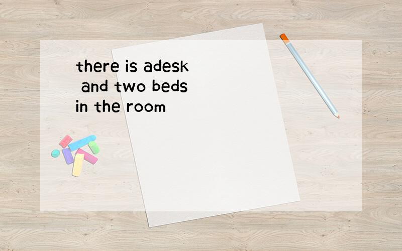 there is adesk and two beds in the room